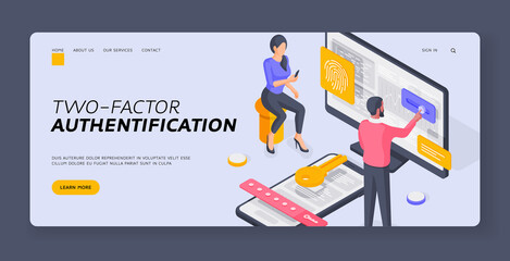Poster - couple using duo authentication on devices isometric vector illustration. banner template