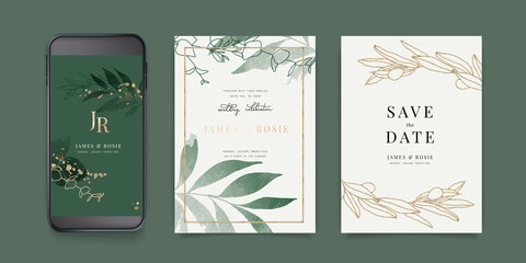 Wall Mural - Luxury Green Social Media, mobile  Wedding invite frame templates. Vector background. Invitation mobile Floral with golden collage layout design.