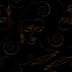 Sticker - One continuous line drawing Buddha. The symbol of Hinduism, Buddhism, spirituality and enlightenment. Seamless background for yoga, illustration, printing on fabric