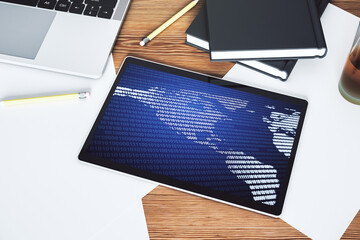 Poster - Top view of modern digital tablet monitor with America map, research and strategy concept. 3D Rendering