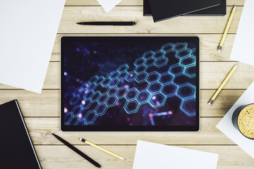 Poster - Creative abstract technology sketch with hexagon grid on modern digital tablet screen, future technology and AI concept. Top view. 3D Rendering