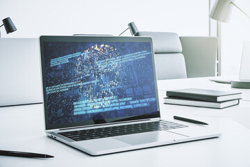 Poster - Creative code skull sketch on modern laptop monitor, theft of personal data and malware concept. 3D Rendering