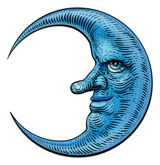 Wall Mural - a moon face drawing in a woodcut engraving retro vintage style