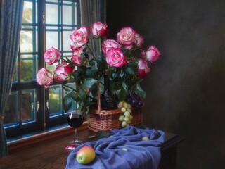 Wall Mural - Still life with bouquet of pink roses in a basket