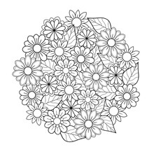 Decorative Little Mandala Flowers With Leaves In The Round Shape On A White Isolated Background. For Coloring Book Pages.