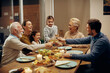 © Drazen - cheerful extended family toasting during dinner at dining table.