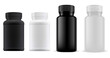 Pill bottle. Supplenment jar plastic 3d vector blank, medicine capsule container mockup. Supplement bottle, pharmacy drug can black and white template, pill jar. Antibiotic drugs canister set