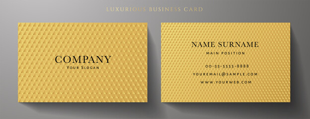 Business card with luxury abstract gold triangle pattern (golden carbon texture). Formal premium background template useful for invitation design, Gift card, voucher or gift coupon