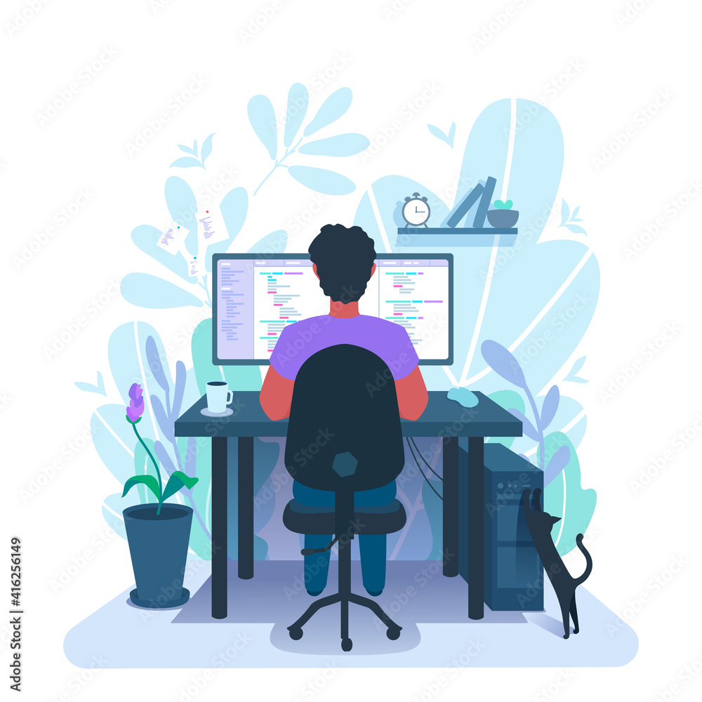 Coding Environment Cartoon A developer programming. A programmer freelancer workplace. The coder ...