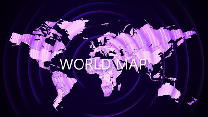 Poster - Vector. Abstract image of the geographic map of the planet Earth on a dark background. Light purple outlines of continents and countries with radial blur. Spectacular texture with 3D wave effect.