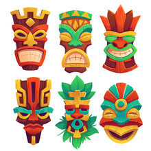 Tiki Masks, Tribal Wooden Totems, Hawaiian Or Polynesian Style Attributes, Scary Faces With Toothy Mouth, Decorated With Leaves Isolated On White Background. Cartoon Vector Illustration, Icons Set