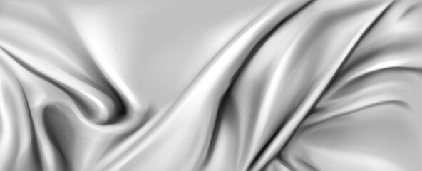 Poster - Abstract background with silk cloth texture, shiny satin fabric with waves and drapery. Vector realistic wallpaper with luxury flowing silvery textile. Elegant background with gray smooth material