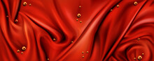 Red Silk Draped Fabric Background With Gold Pearls Or Randomly Scattered Shiny Spheres. Luxurious Folded Textile Decoration Element For Poster, Banner Or Cover Design. Realistic 3d Vector Illustration