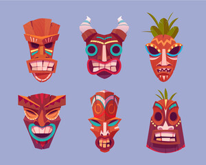 Tiki masks, hawaiian tribal totem, wooden god faces with horns and leaves. Vector cartoon set of polynesian traditional statues, ancient wood tikki masks isolated on purple background