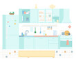 © Александра Гвардейце - Kitchen Interior In Pastel Colors Flat Vector Illustration. Furniture, Stove, Utensils, Fridge, Shelfs, Sink, Plate Rack.