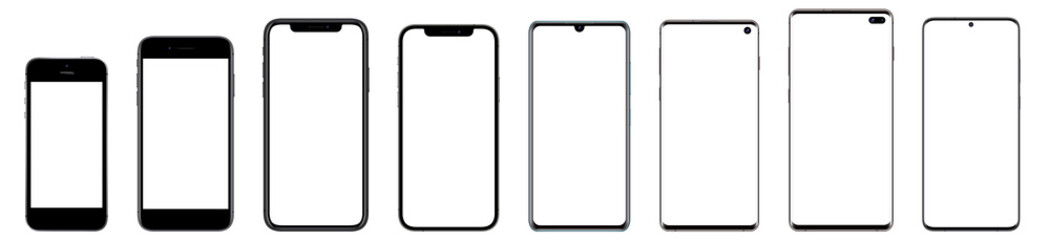 Wall Mural - Mockups popular smartphones with blank screens for your design. Isolated in white background.