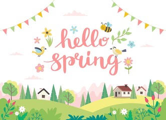 Wall Mural - Hello spring card with lettering and cute landscape. Hand drawn flat cartoon. Vector illustration