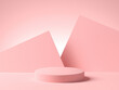 Pink empty platform with pink geometric shapes on background. 3d rendering