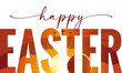 Happy Easter elegant lettering with Calvary and cave on background. Easter Sunday, holy week greeting card with sunrise and three cross. Vector illustration