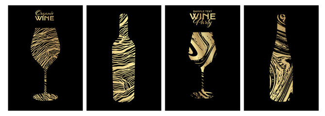Poster - Set of design templates with wine glass and bottle illustration. Creative and artistic background texture with lines that simulate the skin of a grape vine.