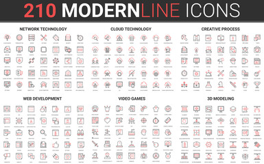 Aufkleber - 210 modern red black thin line icons set of web development, video games, 3d modeling, network technology, cloud data technology, creative process collection vector illustration.