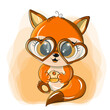 Cute fox with big eyes. The fox is holding a small cake on his head, he has heart-shaped glasses. The funny animal is made in a cartoon style. Clip art is done in orange.
