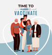 © zaie - Family vaccine, safety concept vector poster background. Time to vaccinate text. Household with elderly and child hugging each other. Line in heart shape. Syringe with protect from diseases