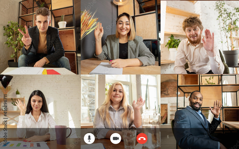 Team working by group video call share ideas brainstorming use video conference. PC screen view with young people, application ad. Easy and comfortable usage concept, business, online, finance. - obrazy, fototapety, plakaty 