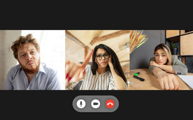 Wall Mural - Team working by group video call share ideas brainstorming use video conference. PC screen view with young people, application ad. Easy and comfortable usage concept, business, online, finance.