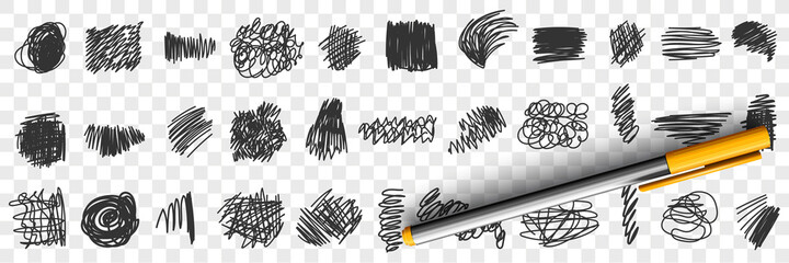 Wall Mural - Written by pen or pencil Scribbles drawings doodle set. Collection of hand drawn scribbles of various patterns straight lines geometrical shapes isolated on transparent background