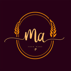 MA Initial handwriting logo. Hand lettering Initials logo branding with wreath, Feminine and luxury logo design isolated on elegant background.