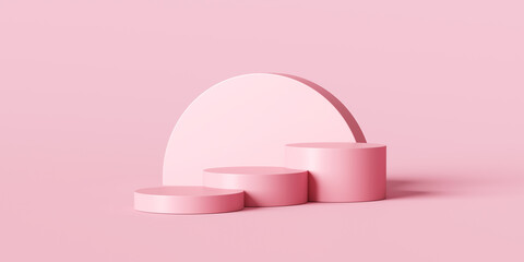 Poster - Pink product background stand or podium pedestal on empty display with pastel backdrops. 3D rendering.