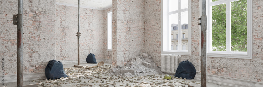 Building rubble when renovating or renovating an apartment - obrazy, fototapety, plakaty 