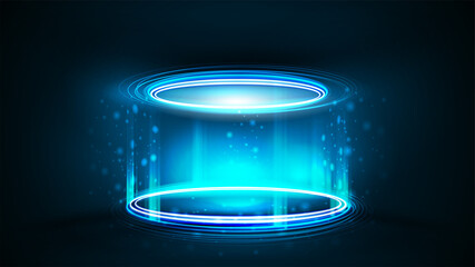 Wall Mural - empty blue neon podium for product presentation, 3d realistic vector illustration. blue digital holo