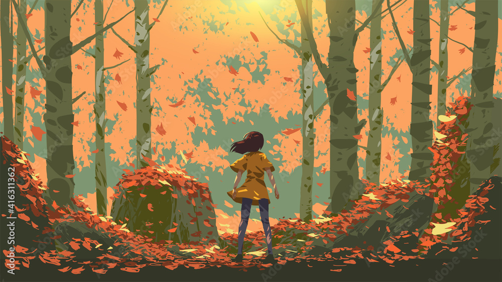 young girl standing in the autumn forest, vector illustration  - obrazy, fototapety, plakaty 