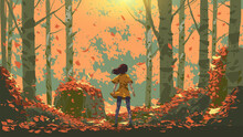 Young Girl Standing In The Autumn Forest, Vector Illustration 