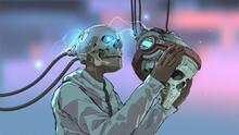 Skull Man Wearing The Futuristic Virtual Reality Headset, Vector Illustration