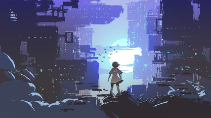 young girl standing and looking at the cyberpunk city, vector illustration