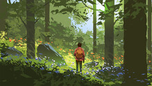Young Man Adventures In The Deep Forest, Vector Illustration