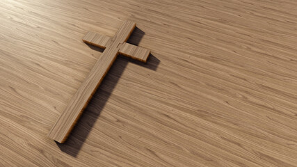 Wall Mural - Concept or conceptual cross on a natural wood or wooden background. 3d illustration metaphor for God, Christ, Christianity, religious, faith, holy, spiritual, Jesus, belief, resurection