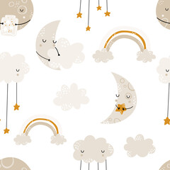 Seamless childrens hand-drawn pattern with cute moons, clouds and rainbows. Creative kids texture for fabric, wrapping, textile, wallpaper, apparel. Vector illustration. Good night.