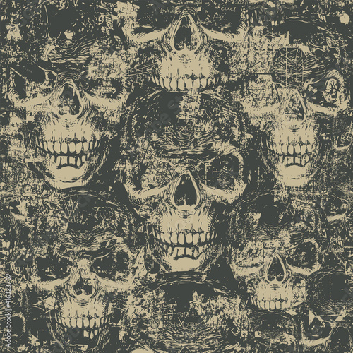 Abstract seamless pattern with hand-drawn skulls in grunge style. Dark vector background with ominous human skulls. Wallpaper, wrapping paper, fabric, graphic print for clothes or halloween party © paseven