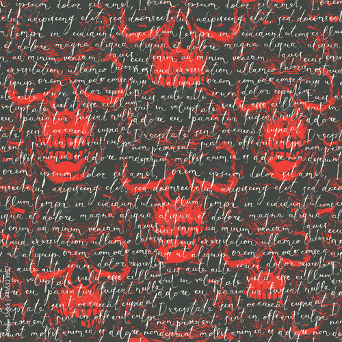 Vector seamless pattern with handwritten text Lorem Ipsum on a black and red background with sinister human skulls. Suitable for wallpaper, wrapping paper, textiles, fabric, backdrop © paseven