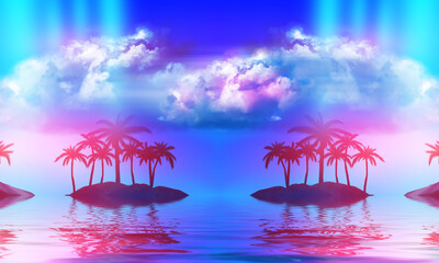 Wall Mural - Abstract futuristic background. Silhouettes of palm trees on a tropical island are reflected on the water, neon shapes against the background of an ultraviolet cloud. Beach party. 3d illustration