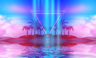 Wall Mural - Abstract futuristic background. Silhouettes of palm trees on a tropical island are reflected on the water, neon shapes against the background of an ultraviolet cloud. Beach party. 3d illustration