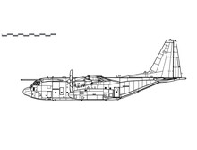 Lockheed Martin Hercules C5, C-130J. Vector Drawing Of Military Transport Aircraft. Side View. Image For Illustration And Infographics.