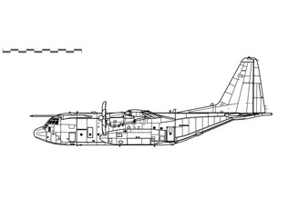 Wall Mural - Lockheed Martin Hercules C5, C-130J. Vector drawing of military transport aircraft. Side view. Image for illustration and infographics.