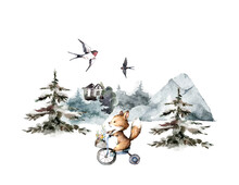 Cute Fox On A Bicycle With A Hare In A Basket And Spring Flowers Around Forest. Template For Design Elements, Postcard, Banners, Card Invitation. Watercolor Hand Drawn Isolated Illustration.