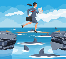 Wall Mural - Businesswoman walking a tightrope over shark in water. Business woman in suit walking on rope with briefcase. Obstacle on road, financial crisis. Risk management challenge. Flat vector illustration