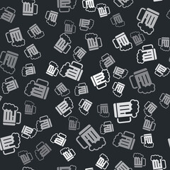 Grey Wooden beer mug icon isolated seamless pattern on black background. Vector.